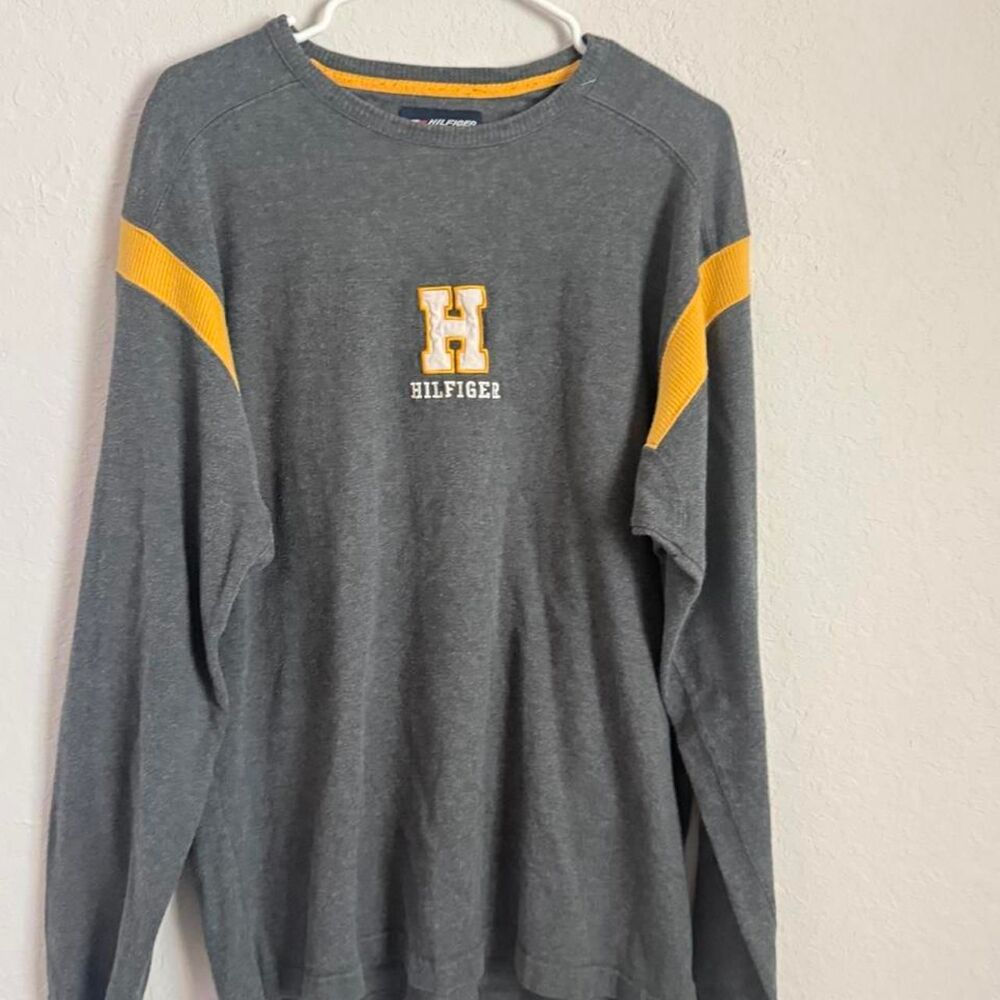 Tommy Hilfiger Athletics Gray Yellow Long Sleeve Logo Shirt Retro Sporty Sz L